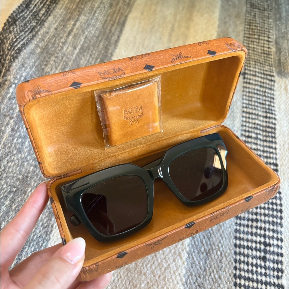 MCM Brown and Black Leather Glasses Case with Monogram Design